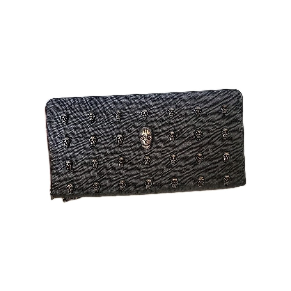 THOMAS WYLDE Metal Skull Rivet Stud Black Vegan Leather Wristlet Zip Wallet Goth